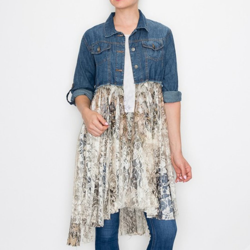 new ORIGAMI LACE DENIM SHIRT duster cardigan shirt wrap western BOHEMIAN SM-3X